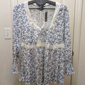 torrid New Babydoll Slub Lace Trim Long Sleeve Top Blouse Plus NWT